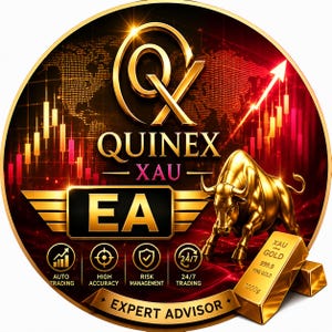 May include: A circular graphic featuring the gold text QUINEX XAU and EA with a golden bull and gold bars labelled 1000g and 999.9 FINE GOLD. The background displays red financial candlestick charts and a world map, with icons for auto trading and risk management.