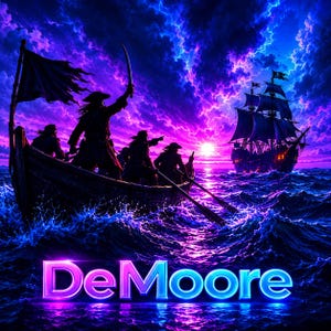 Peut inclure: Une petite barque en bois avec quatre personnages, dont l'un brandit une épée, naviguant sur des vagues bleu foncé sous un ciel au coucher du soleil violet et rose. Un grand voilier est visible au loin. Le texte DeMoore est au premier plan.