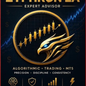 Può includere: Grafica oro e blu con il testo "ZYPHRON EA EXPERT ADVISOR". L'immagine presenta un'aquila stilizzata all'interno di un cerchio dorato, con grafici finanziari e icone che rappresentano il trading algoritmico, la gestione del rischio e prestazioni costanti.