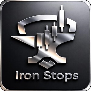 May include: A square metallic emblem with a brushed silver finish on a dark background. The design features a stylized anvil silhouette integrated with vertical candlestick chart bars. The text Iron Stops is printed in silver below the icon.