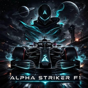 Può includere: Opera d'arte digitale di una monoposto di Formula 1 dal design futuristico, con accenti blu luminosi e la scritta "ALPHA STRIKER F1". L'immagine include una figura stilizzata con un casco e uno sfondo a tema spaziale.