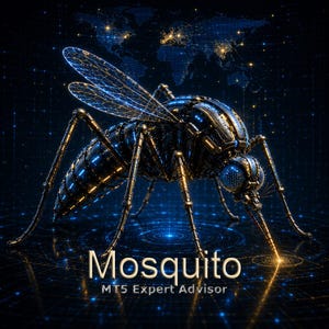 May include: A mechanical mosquito with metallic black and gold plating, intricate wing structures, and glowing blue eyes. The text Mosquito MT5 Expert Advisor is displayed in white lettering at the bottom against a dark digital world map background.