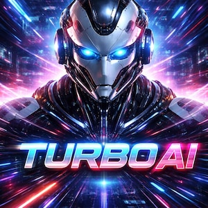 May include: Futuristic cyborg with glowing blue eyes and a silver and black helmet. The image features the text "TURBO AI" in a vibrant, glowing font, set against a backdrop of dynamic, colorful light trails.
