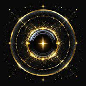May include: A digital illustration of a golden, glowing circular design on a black background. The design features concentric circles, a central starburst, and sparkling accents, creating a celestial or mystical aesthetic.