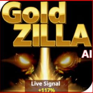Può includere: Testo Gold Zilla AI in lettere dorate con bordo rosso. Sotto il testo ci sono due teste di mostri dorate con occhi luminosi e un fascio di luce dorata. Le parole "Live Signal" e "+117%" sono in basso.