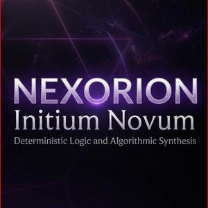Könnte beinhalten: Ein dunkelviolettes und schwarzes Grafikdesign mit dem weißen Text NEXORION, gefolgt vom Text Initium Novum und dem Untertitel Deterministic Logic and Algorithmic Synthesis vor einem Hintergrund mit schwachem geometrischem Linienmuster.