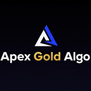 Könnte beinhalten: Das Apex Gold Algo-Logo zeigt ein weißes und blaues Dreieck über den Worten "Apex Gold Algo". Das Wort "Apex" ist weiß, "Gold" ist goldfarben und "Algo" ist weiß. Der Hintergrund ist dunkelmarineblau.