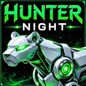 Pode incluir: Um gráfico digital com o texto HUNTER NIGHT em letras verdes em negrito acima de uma pantera mecânica. A pantera é construída a partir de placas metálicas prateadas com detalhes em verde brilhante nos olhos e nas articulações circulares.