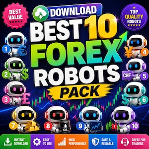 Może przedstawiać: Grafika promocyjna dla "Best 10 Forex Robots Pack". Obraz przedstawia dziesięć postaci robotów, z których każda trzyma symbole takie jak euro, dolar i jen. Tekst zawiera "Pobierz", "Najlepsza wartość" i "Roboty najwyższej jakości".