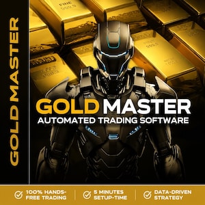 Może przedstawiać: Cyfrowa ilustracja promująca "Gold Master Automated Trading Software". Obraz przedstawia futurystycznego robota przed sztabkami złota. Tekst zawiera "100% Hands-Free Trading", "5 Minutes Setup-Time" i "Data-Driven Strategy".