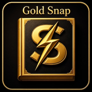 May include: A black book with a gold-colored spine and border features the text Gold Snap at the top. Centered on the cover is a large, embossed gold-colored symbol combining the letter S with a central lightning bolt shape on a textured surface.