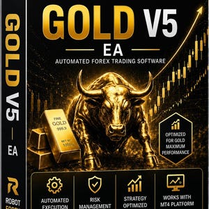以下が含まれることがあります： 「GOLD V5 EA Automated Forex Trading Software」の黒い箱に金色の文字とグラフィック。 金色の雄牛、金塊、自動実行、リスク管理、戦略最適化のアイコンが含まれています。 テキスト「Trading involves risk. This is a software tool, not financial advice.」