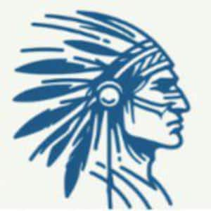 May include: A blue and white graphic illustration of a Native American chief in profile, wearing a feathered headdress. The image features clean lines and a minimalist design, suitable for various applications.
