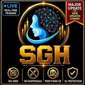 Puede incluir: Un gráfico negro con las letras doradas SGH, un perfil de cabeza azul con una red cerebral digital y gráficos de barras dorados. El texto incluye LIVE REAL-TIME TRADING, MAJOR UPDATE NEW UPDATES COMING, NO GRID, NO MARTINGALE, PROP FIRMS OK, SL PROTECTION.