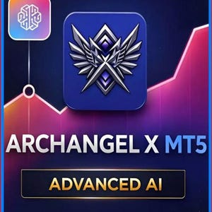 May include: A digital graphic with a blue and red gradient background. The image features the text "ARCHANGEL X MT5" and "ADVANCED AI" in gold lettering. A logo with a silver emblem and wings is displayed on a blue square.