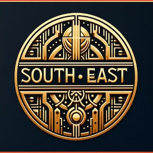 May include: A gold-colored, circular emblem with the words "SOUTH • EAST" in bold, capital letters. The design features intricate geometric patterns and lines, set against a dark blue background with a red border. The overall aesthetic is reminiscent of Art Deco.
