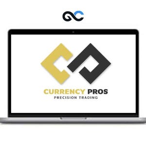 Może przedstawiać: Laptop wyświetla logo "Currency Pros", z geometrycznym wzorem w kolorze złotym i czarnym. Tekst "Precision Trading" znajduje się poniżej. Laptop znajduje się na białej powierzchni.