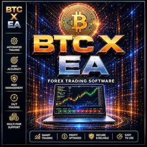 Może przedstawiać: Grafika cyfrowa promująca "BTC X EA Forex Trading Software". Obraz przedstawia laptopa wyświetlającego wykres handlowy, symbol Bitcoina i tekst podkreślający funkcje takie jak zautomatyzowany handel i zarządzanie ryzykiem. Schemat kolorów to ciemnoniebieski i złoty.
