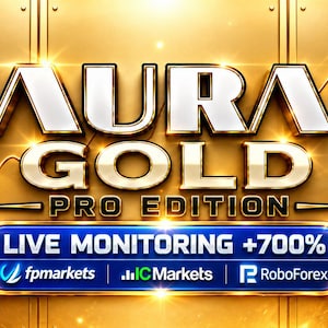 Può includere: Una grafica color oro che presenta il testo AURA GOLD PRO EDITION in lettere metalliche in grassetto. Sotto, un banner blu mostra il testo LIVE MONITORING +700% insieme ai loghi di fpmarkets, IC Markets e RoboForex.