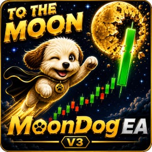 May include: A graphic illustration featuring a winking puppy wearing a black cape and a paw print tag, flying towards a golden moon. The text reads TO THE MOON and MoonDog EA V3. A green and red candlestick chart trends upwards against a dark starry sky.