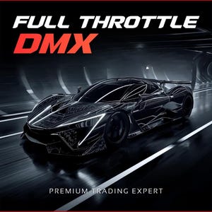 Può includere: Un'auto sportiva nera con dettagli al neon bianchi sfreccia su un'autostrada buia. Il testo "FULL THROTTLE DMX" è in alto, con "PREMIUM TRADING EXPERT" in basso. L'auto ha un design futuristico.