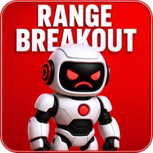 Pode incluir: Uma figura de robô branca e preta com olhos vermelhos brilhantes e uma luz circular vermelha no peito, posicionada contra um fundo vermelho brilhante com o texto branco em negrito RANGE BREAKOUT no topo da moldura quadrada.