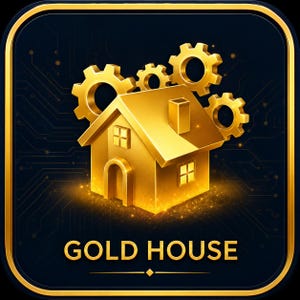 May include: A gold-colored house illustration with a chimney, windows, and gears on a dark blue background. The text "GOLD HOUSE" is displayed in gold at the bottom of the image. The image has a gold border.