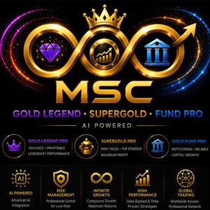 Può includere: Un grafico digitale con un simbolo di infinito dorato sormontato da una corona, contenente icone di un diamante viola, un grafico a barre in ascesa e un edificio blu. Il testo include MSC, GOLD LEGEND, SUPERGOLD, FUND PRO, AI POWERED e etichette.
