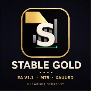 May include: A square icon with rounded corners featuring a large white letter S, a gold geometric shape, and silver bar charts on a black background. Below, the text reads STABLE GOLD, EA V1.1, MT5, XAUUSD, and BREAKOUT STRATEGY in gold lettering.