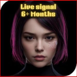 May include: A digital portrait of a person with short, dark hair with pink highlights. The image has a black background and a red border. Text in the upper left corner reads "Live signal 6+ Months".