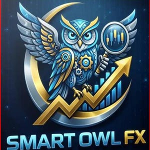 Op de afbeelding: Een gedetailleerde afbeelding van een blauwe en gouden uil met mechanische details, die een vergrootglas boven een aandelenkoersgrafiek houdt. Een gouden pijl wijst omhoog, met de tekst "SMART OWL FX" eronder. De uil staat tegen een donkerblauwe achtergrond.