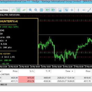 May include: A computer screen showing a trading platform interface with a green line graph and financial data. The interface includes the text "PIPSHUNTERFX-AI", market watch, navigator, and trading history sections. The screen displays various trading metrics.