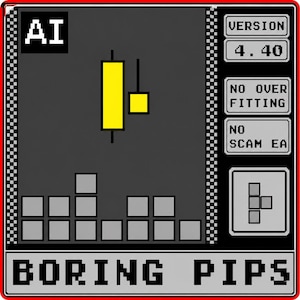 Può includere: Un grafico digitale con bordo rosso che presenta uno sfondo grigio, un grafico a candele giallo e testo pixelato che recita AI, VERSION 4.40, NO OVER FITTING, NO SCAM EA e BORING PIPS. Il display include una griglia di quadrati grigi in basso.