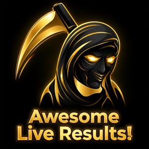 May include: A graphic illustration of a hooded figure with glowing yellow eyes and a golden scythe, set against a black background. Below the figure, the text Awesome Live Results! is displayed in bold, golden, glowing capital letters.