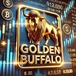 May include: A golden buffalo sculpture with the text "GOLDEN BUFFALO" on a blue background. The image includes financial symbols like a dollar sign, a Bitcoin symbol, and stock market data. The overall theme is finance and investment.