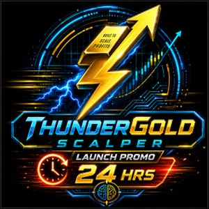 Pode incluir: Um gráfico digital com um raio dourado com o texto BUILT TO SCALE PROFITS, acima das palavras THUNDERGOLD SCALPER em azul e dourado. Abaixo, um ícone de relógio, o texto LAUNCH PROMO 24 HRS e um ícone de cérebro num fundo preto.