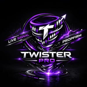 Può includere: Grafica digitale con sfondo nero che presenta un design a tornado viola e bianco. Il testo "TWISTER PRO" è ben visibile, con "LIVE SIGNAL" e "PROPFIRM" su entrambi i lati. È inclusa anche una freccia rivolta verso l'alto.