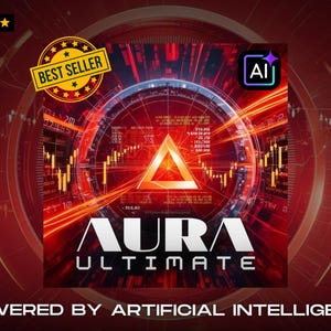 Può includere: Un'immagine digitale rossa e nera con il testo "AURA ULTIMATE" e "POWERED BY ARTIFICIAL INTELLIGENCE". Il design include un triangolo e un motivo circolare, con un badge "Best Seller" e un'icona AI.