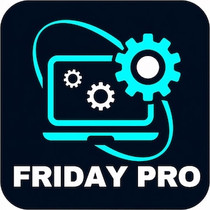 May include: A square icon with rounded corners featuring a dark blue background. A bright cyan outline of a laptop is centred, containing two small white gears. A large cyan gear sits on the top right, and the white text FRIDAY PRO is at the bottom.