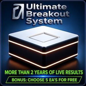 May include: A silver and black box with the text "Ultimate Breakout System" and the text "MORE THAN 2 YEARS OF LIVE RESULTS" and "BONUS: CHOOSE 5 EA'S FOR FREE". The box has a square indentation on top and illuminated lines.