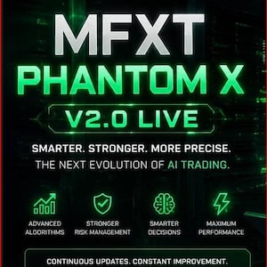 Könnte beinhalten: Eine digitale Grafik mit schwarzem Hintergrund und leuchtend grünem Text, der MFXT PHANTOM X V2.0 LIVE anzeigt. Sie enthält die Phrasen SMARTER, STRONGER, MORE PRECISE, THE NEXT EVOLUTION OF AI TRADING und listet Funktionen wie ADVANCED ALGORITHMS auf.