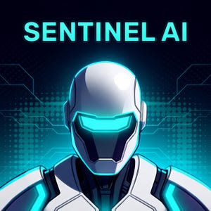 Pode incluir: Ilustração digital de um robô futurista branco e azul. O robô tem uma viseira e detalhes em azul brilhante. O texto "SENTINEL AI" é exibido em turquesa na parte superior da imagem, em um fundo azul escuro.