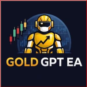 Può includere: Un logo con un robot giallo con dettagli bianchi, una visiera nera e un fulmine sul petto. Il robot è posto su uno sfondo blu scuro con un grafico di borsa e il testo "GOLD GPT EA" in oro.