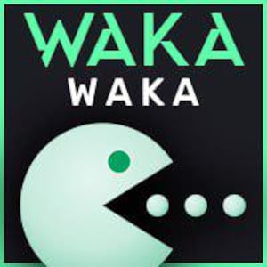 Peut inclure: Graphique carré avec le mot "WAKA" en vert, superposé à "WAKA" en blanc. En dessous, un personnage ressemblant à Pac-Man en vert clair avec un point vert et trois points blancs. Le fond est noir avec une bordure verte.