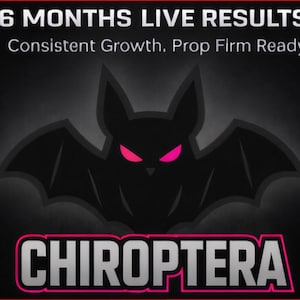 May include: A dark graphic with a bat silhouette and the text "6 MONTHS LIVE RESULTS" and "Consistent Growth, Prop Firm Ready". The bat has glowing pink eyes, and the word "CHIROPTERA" is displayed in a stylized font.