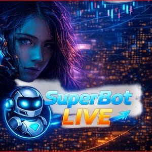 Puede incluir: Ilustración digital de una mujer con un casco futurista, ambientada en un paisaje urbano con visualizaciones de datos. Un icono de robot y las palabras "SuperBot LIVE" se muestran de forma destacada, sugiriendo un tema tecnológico o de juegos.