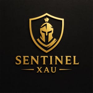 Può includere: Un emblema color oro raffigurante un elmo spartano stilizzato centrato all'interno del contorno di uno scudo. Sotto lo scudo, il testo recita SENTINEL XAU in un carattere serif in grassetto, con linee orizzontali che fiancheggiano la parola XAU.