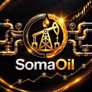 May include: A graphic logo featuring the text SomaOil in silver and gold lettering. The design includes a central gold oil derrick icon within a circular frame, surrounded by gold and black industrial piping, gauges, and a rising stock chart.