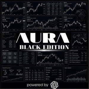 Può includere: Un cruscotto digitale nero con il testo AURA BLACK EDITION al centro. L'interfaccia include molteplici grafici finanziari, tassi di cambio, dati di mercato, statistiche di trading e un calendario economico.