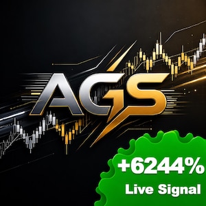 Puede incluir: Un gráfico con las letras AGS en acabado metálico plateado y dorado, sobre un fondo negro con patrones de gráficos de velas en blanco y oro. Una insignia verde brillante, circular e irregular, muestra +6244% Live Signal.
